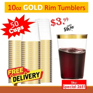 50 Pcs of 10oz Plastic Disposable Cups Gold Rim Tumblers