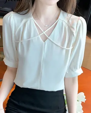 Apricot Puff Sleeve V-neck Elegant Blouses Summer New Solid Color Simple Female Workwear Korean Style Chic Women's Blouse