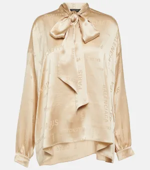 Balenciaga logo jacquard silk blouse, beige