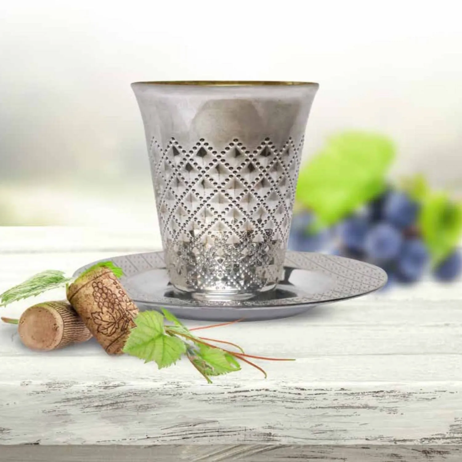 Decor Diamond wine Kiddush / kiddish Cup and Saucers Silver 5 oz