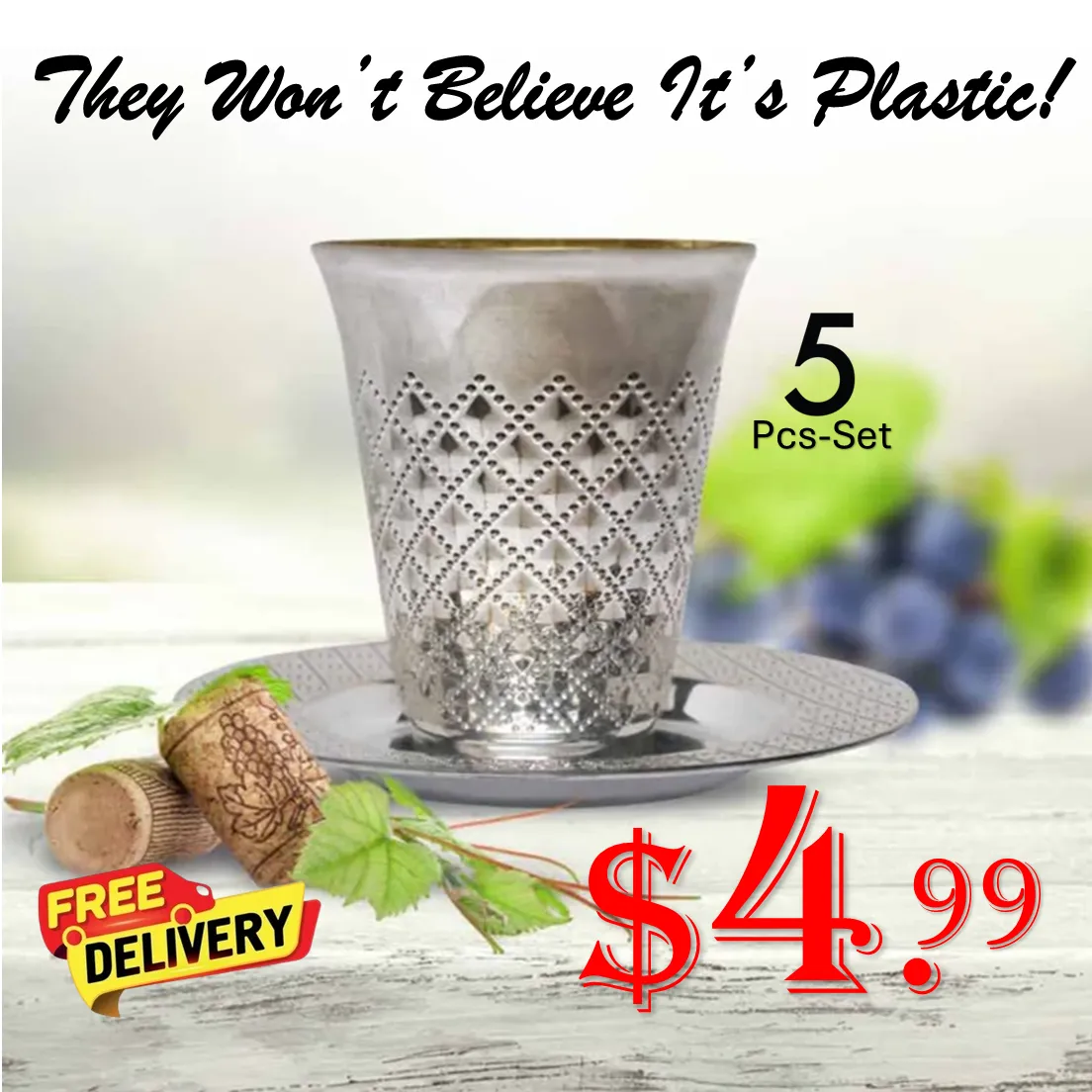 Decor Diamond wine Kiddush / kiddish Cup and Saucers Silver 5 oz