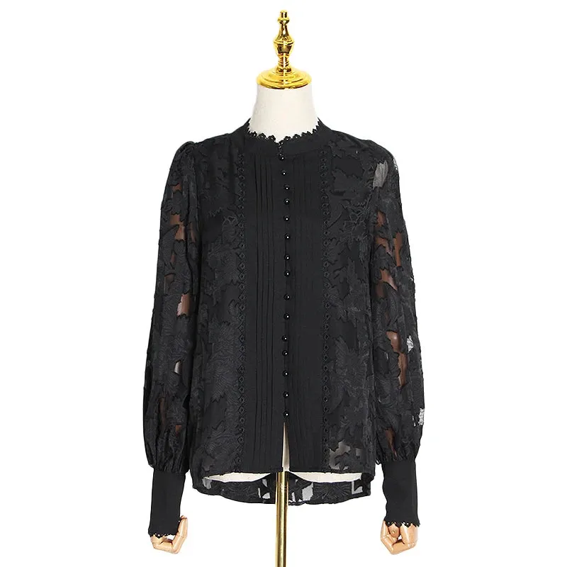 Elegant Lace Panel Shirt For Women Stand Collar Long Sleeve Embroidery Solid Slim Single Brasted Blouses Female