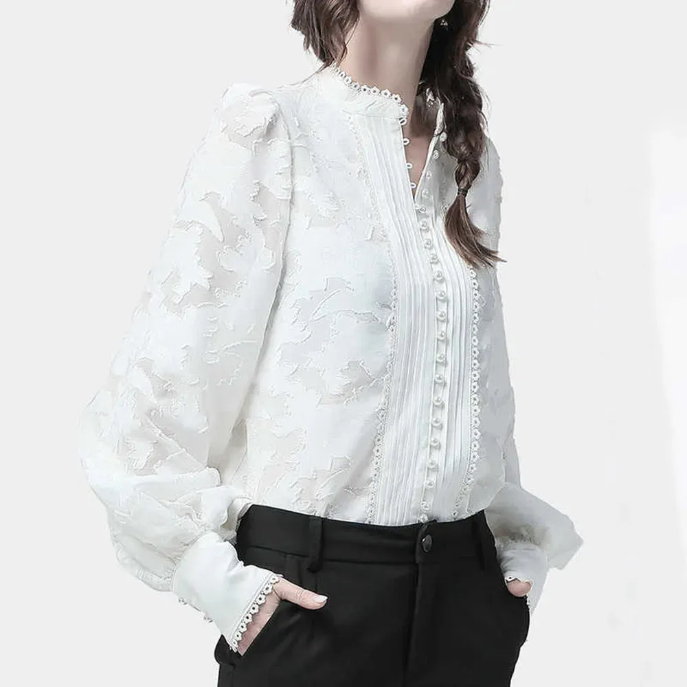 Elegant Minimalsit Shirts For Women Stand Collar Lantern Sleeve Patcwhork Lace Solid Temperament Blouses Female Fashion