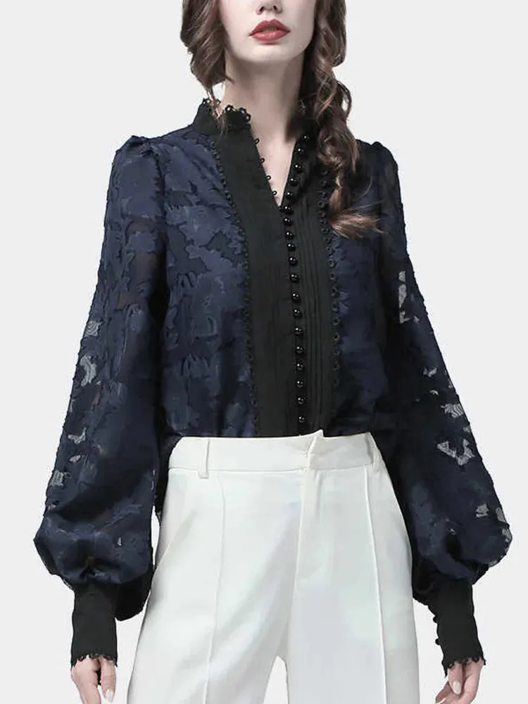 Elegant Minimalsit Shirts For Women Stand Collar Lantern Sleeve Patcwhork Lace Solid Temperament Blouses Female Fashion