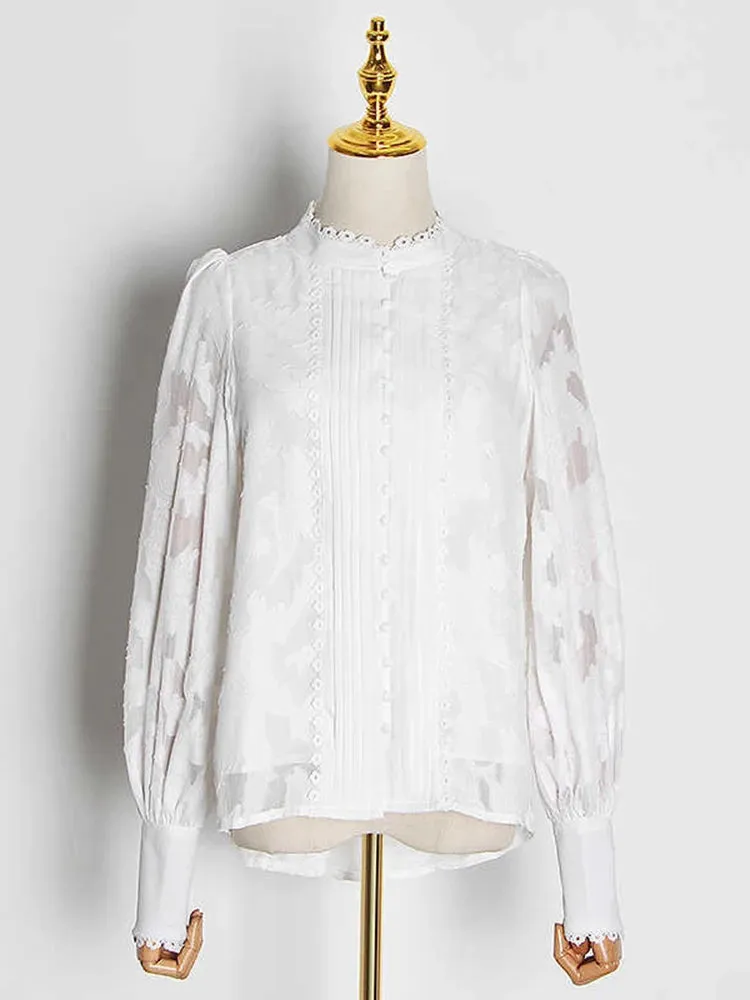 Elegant Minimalsit Shirts For Women Stand Collar Lantern Sleeve Patcwhork Lace Solid Temperament Blouses Female Fashion