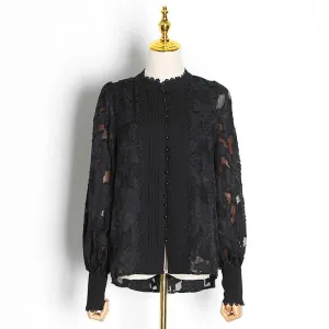 Elegant Minimalsit Shirts For Women Stand Collar Lantern Sleeve Patcwhork Lace Solid Temperament Blouses Female Fashion