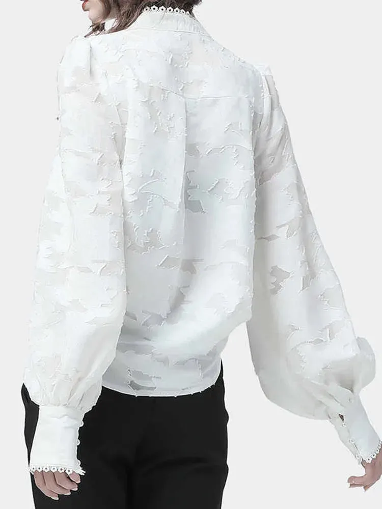 Elegant Minimalsit Shirts For Women Stand Collar Lantern Sleeve Patcwhork Lace Solid Temperament Blouses Female Fashion