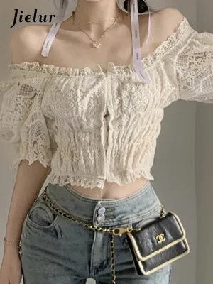 French Style Lace Embroidery Slim Women Blouse Puff Sleeve Sexy Solid Color Square Neck Office Lady Elegant Chic Blouses