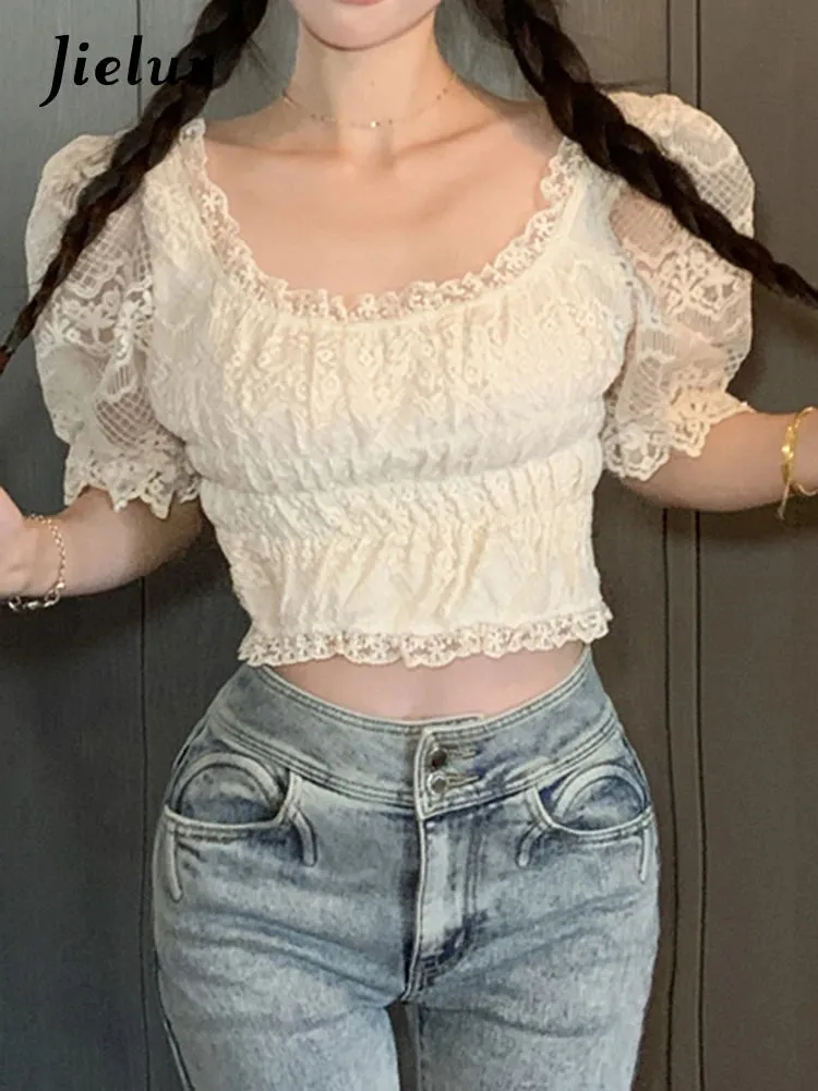 French Style Lace Embroidery Slim Women Blouse Puff Sleeve Sexy Solid Color Square Neck Office Lady Elegant Chic Blouses