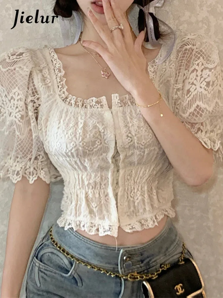 French Style Lace Embroidery Slim Women Blouse Puff Sleeve Sexy Solid Color Square Neck Office Lady Elegant Chic Blouses