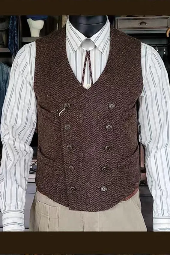 Men's Red Brown Double-breasted Tweed Vest