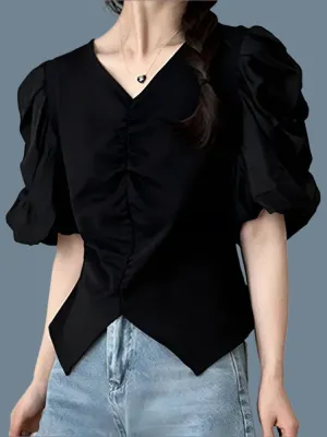 Pleated Solid Color Puff Sleeve Women Blouse White V-neck French Style Elegant Female Blouses Summer Chic Office Ladies