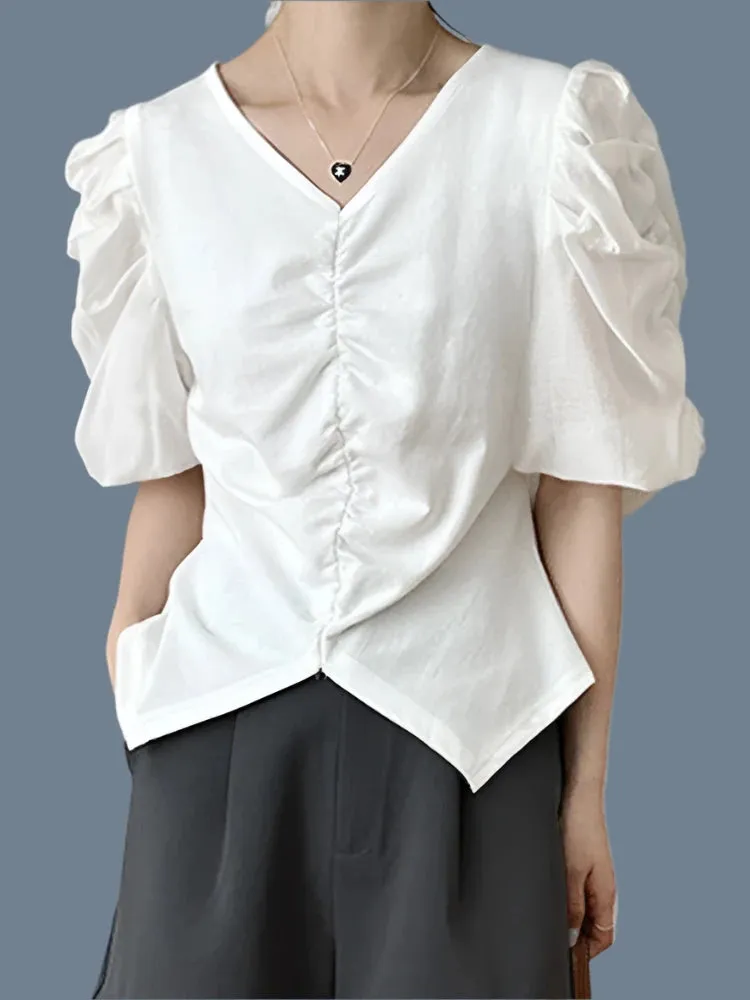 Pleated Solid Color Puff Sleeve Women Blouse White V-neck French Style Elegant Female Blouses Summer Chic Office Ladies