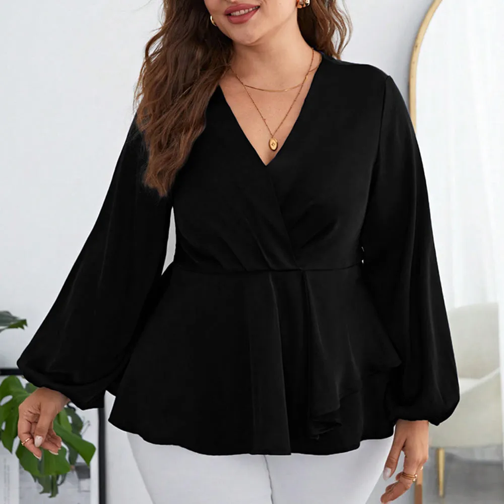 Plus Size Chiffon Long Puff Sleeves V Neck Top