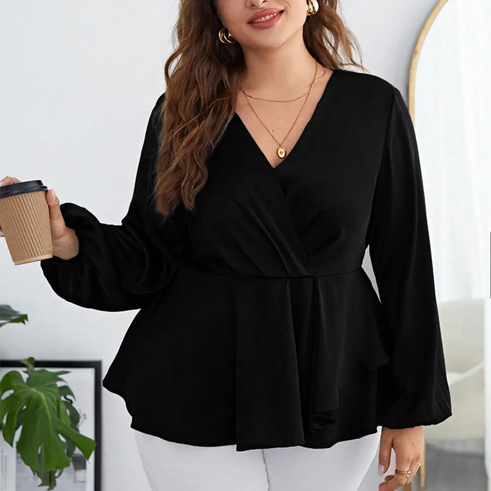 Plus Size Chiffon Long Puff Sleeves V Neck Top