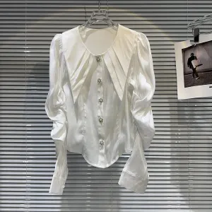 Solid Patchwork Single Breasted Casaul Blouses For Women Lapel Puff Sleeve Elegant Blouse Female Fashion Clothes